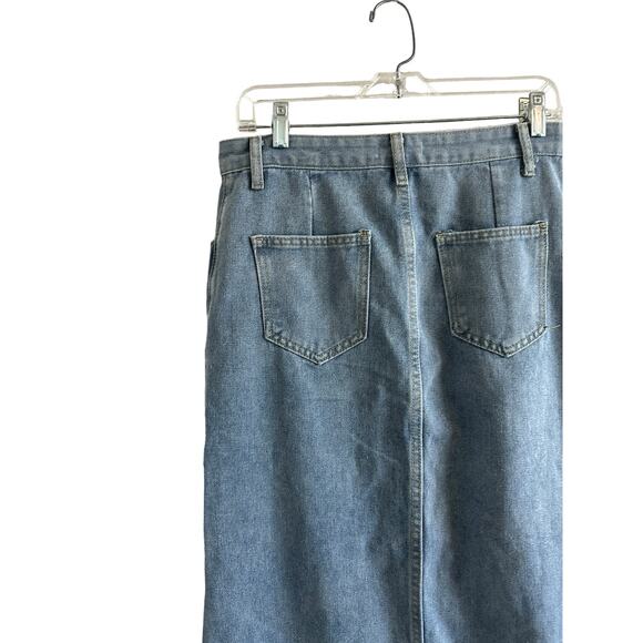 Micas Women's Large Light Blue Wash Slit Denim Pocket Cotton Blend Midi Skirt - Picture 8 of 12